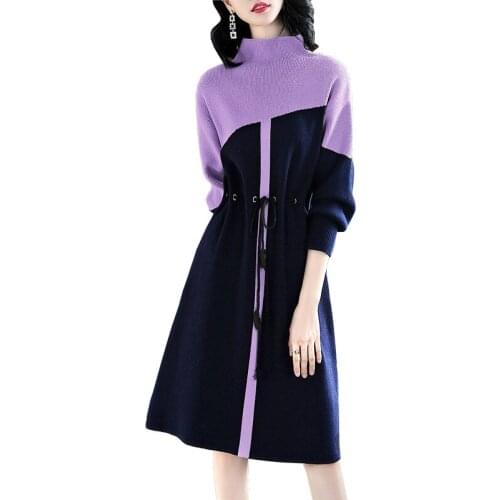 2020 Women Colorblock Sweater Dress Autumn Winter Loose Knit Dress Belt Slim Long sleeve Half turtleneck Bottoming Dresses 3183