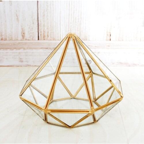 Handmade Gold Open Glass Geometric Terrarium Brass Diamond Succulent Fern Moss Plant Display Container Balcony Small Pla