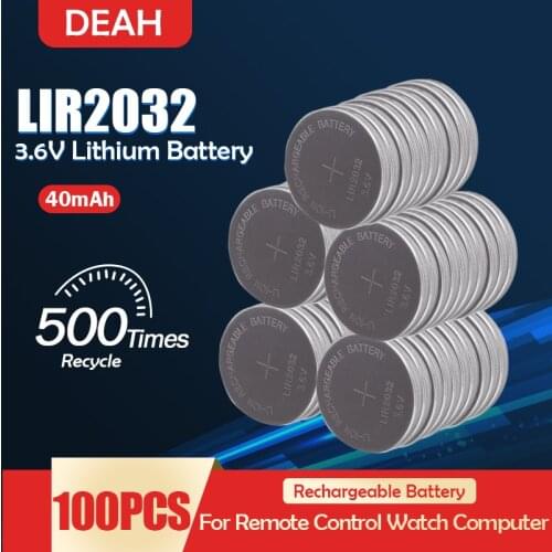 100PCS LIR2032 LIR 2032 3.6V Rechargeable Lithium Battery For Watch Remote Control Scale Button Coin Cell Replace CR2032 ML2032