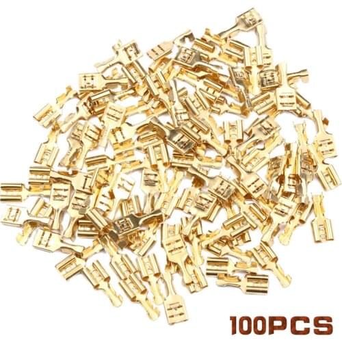100Pcs/lot Female Crimp Terminal Connector 4.8mm/6.3mm Gold Brass Car Speaker Electric Wire Connectors Crimping Terminals