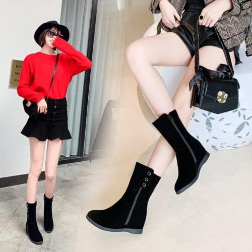 2020 Mid Calf Boots High Heel Woman Boots Round Toe Thick Heel Shoes Zipper Ladies Footwear Autumn Winter Black Big Size 43