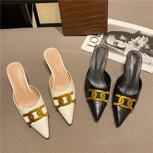 2021 summer new metal buckle Baotou half slippers female stiletto pointed toe all-match net red fashion sandals