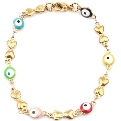 304 Stainless Steel Evil Eye Enamel Bead Bracelets Gold Color Multicolor Jewelry For Women Men Gifts 18.5cm long, 1 Piece