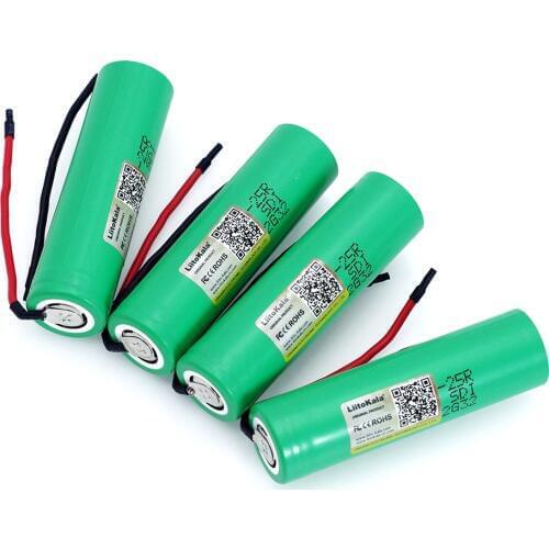 4pcs/lot LiitoKala new 18650 2500mAh rechargeable battery 3.6V INR18650-25R 20A discharge + silica gel DIY Cable
