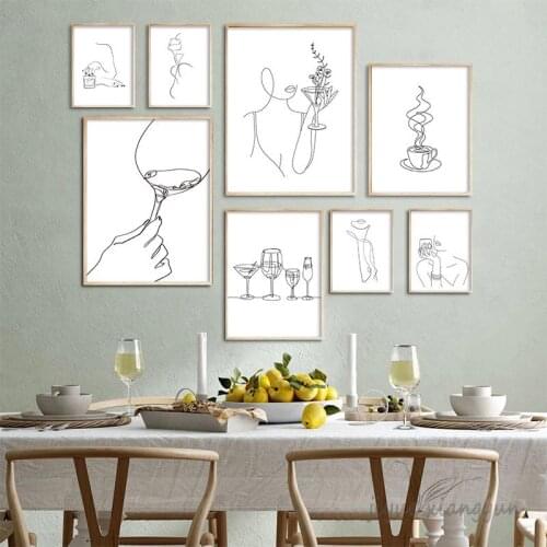 Abstract Lady Line Kitchen Canvas Painting Cocktail Whiskey Poster Martini Drinks Drawing Art Prints Bar and Living Room Decor