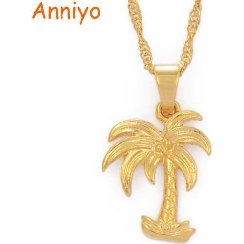 Anniyo Coconut Tree Charm Pendant Necklaces for Women Girls Gold Color Ocean Style Jewelry Water Wave Chain Gifts #016416