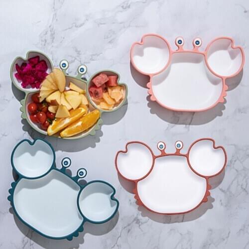 Baby Silicone Plate 1pc Cartoon Tableware Little Crab Three Divisions BPA-free Non-slip And Edible Supplementary Training Plate