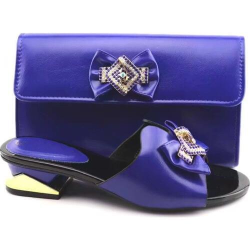 Elegant royal blue women dress shoes with big crystal bowtie style decoration african pumps match handbag set V245,heel 4CM