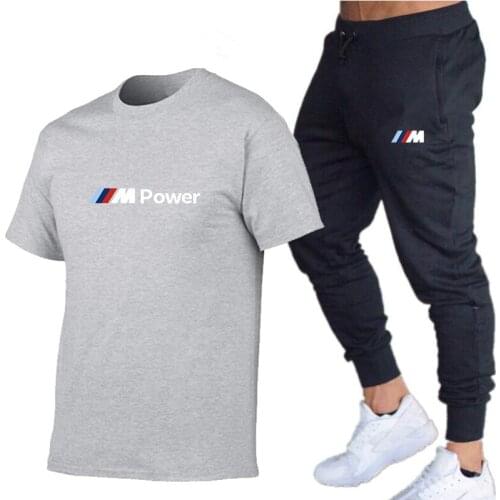 New Summer Cotton T Shirt + Jogger Pants Sets Men BMW Tracksuit Sportswear Track Suits Male Sweatsuit Short Sleeves 2 Piece Set