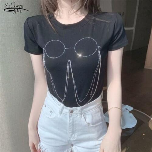 Summer Slim Solid Short-sleeved O-Neck T-shirt with Glasses Chain Decoration Womens All-match Crop Top Casual Streetwear 14926