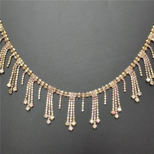 AB Gold Tassel Pendant Rhinestone Fringe Trim Crystal Metal Chain For Clothes Dress Bag Shoes Accessories Decoration 5cm Width