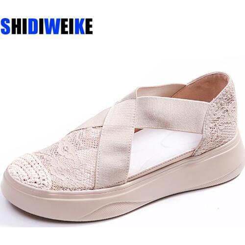 Fashion Sandals Women Retro Sewing Mesh Flats Summer Shoes Woman Elastic Bandage Casual Platform Sandals 2021 Sandalias Mujer