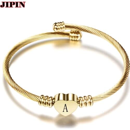 Fashion Gold Color Stainless Steel Heart Bracelet Bangle With Letter Fashion Initial Alphabet Charms Bracelets For Women Jewelry