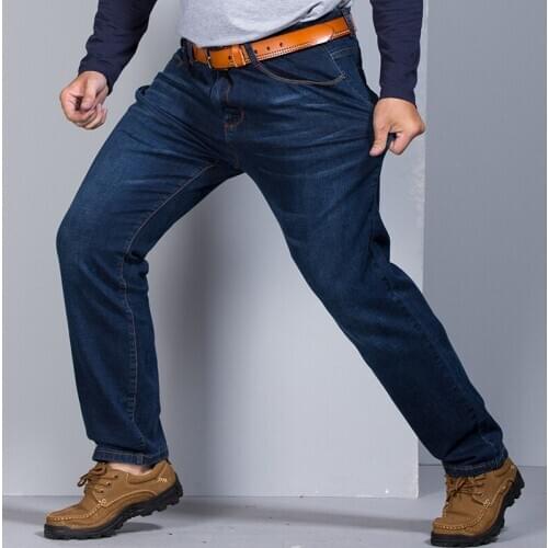 Men Big Size Fat Jeans Pants Spring Autumn Elastic Straight High Waist Casual Loose Washed Blue Denim Baggy Long Cowboy Trousers