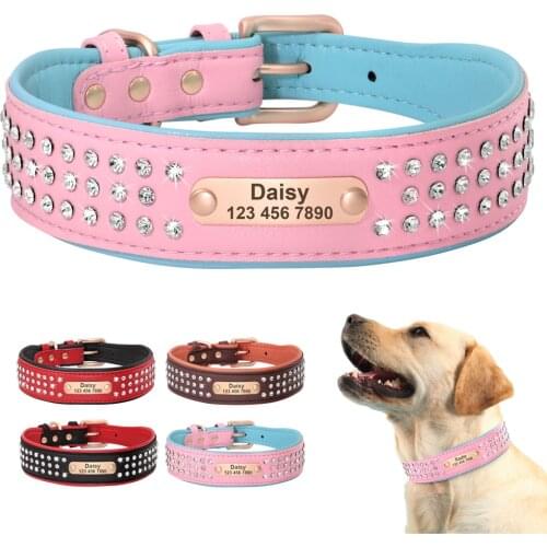 Personalized Crystal Leather Dog Collar Custom Rhinestone Dog Collars With Buckle Free Engraved ID Collar For Medium Large Dogs