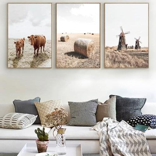 Pastoral Landscape Picture Poster Nordic Cattle Field Windwill Scenery Wall Art Canvas Painting Print for Living Room Home Decor