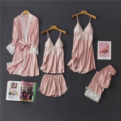 Luxury Women Pajamas five-piece Ice silk Home Wear Nightdress Sets With Chest Pad Suspender lace High Quality Popular Nightdress