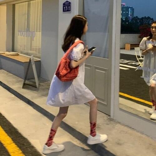 Dress Age-reducing White Dress Female Summer Loose and Thin V-neck Temperament Small Short-sleeved A-line Doll Skirt
