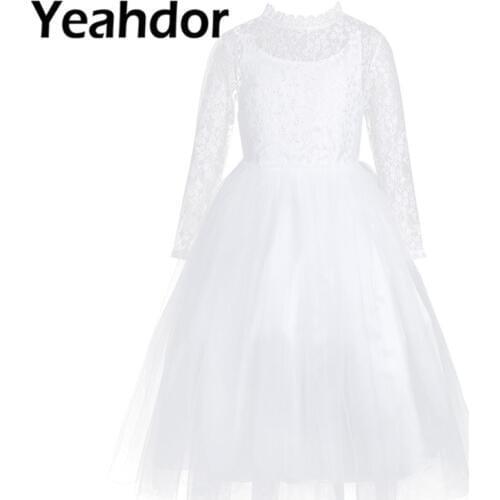 Flower Girl Dress With Long Sleeves Cute White Lace for Weddings Children Prom Gown Girls Princess First Communion Party Dresses