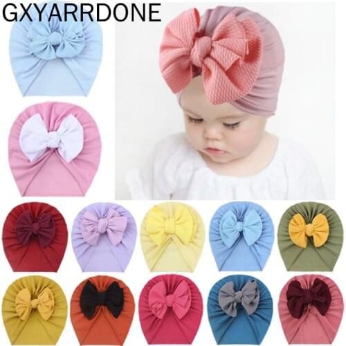 2021 Lovely Solid Color Newborn Hat Boys Girl Cotton Soft Big Bow Turban Bonnet Caps Solids Baby Shower Props