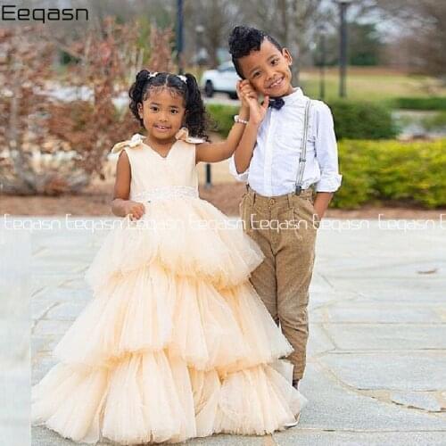 Light Yellow Flower Girl Dresses Tulle Puffy Princess Dress First Communion Tiered Little Girl Birthday Dress Child Baby Dress