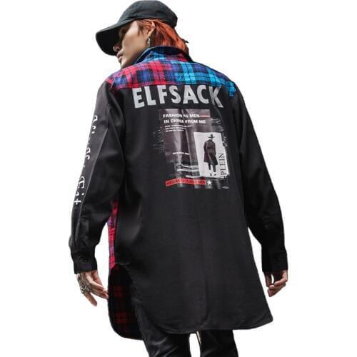 High Street Printed Color Patchwork Mens Mid-Length Shirts Hip Hop Autumn Stylish Casual Male Plaid Full Sleeve Shirt Outerwear