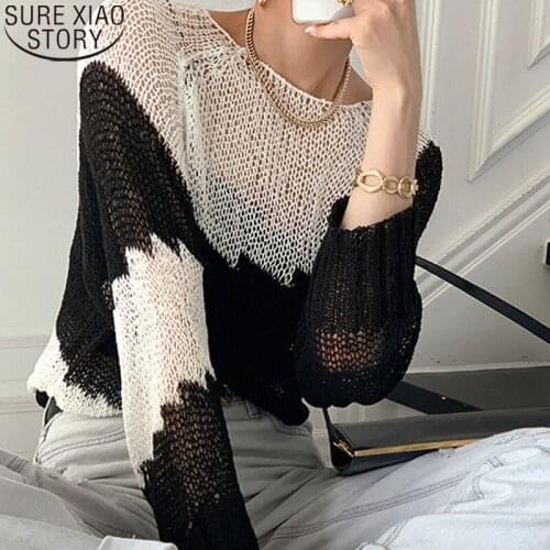 2021 Summer Ice Silk Blouse Hollow Loose Long Sleeve Knitted Shirt Korean Popular Sunscreen Mesh Shirt Woman Blusas Mujer 14812