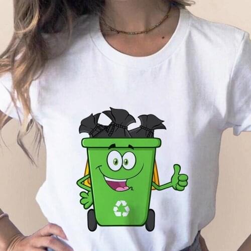 Womens T-shirt Fun Garbage bag Cartoon Environmental Protection Printed Tshirt Summer Simple Harajuku Short Sleeve Lady tshirt