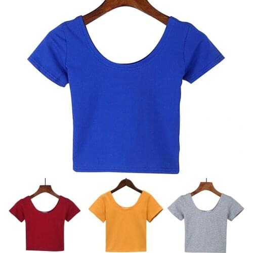 Women Sexy Solid Color Crop Top Slim Short Sleeve Round Neck Casual T-shirt 2021 Summer T Shirt Women Streetwear
