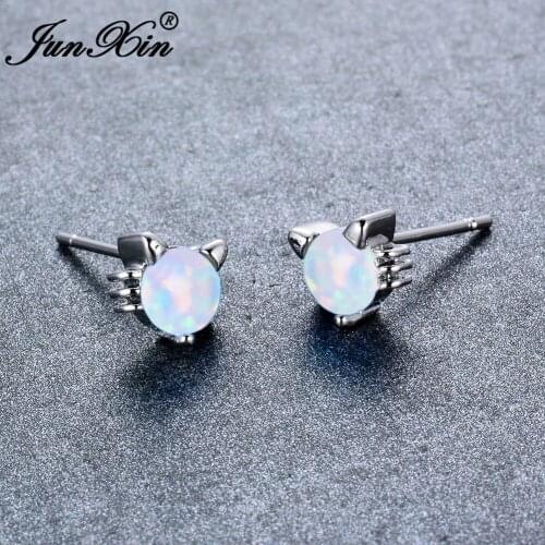 Cute Animal Cat Stud Earrings Blue White Fire Opal Earrings For Women White Gold Party Small Wedding Ear Studs Christmas Jewelry