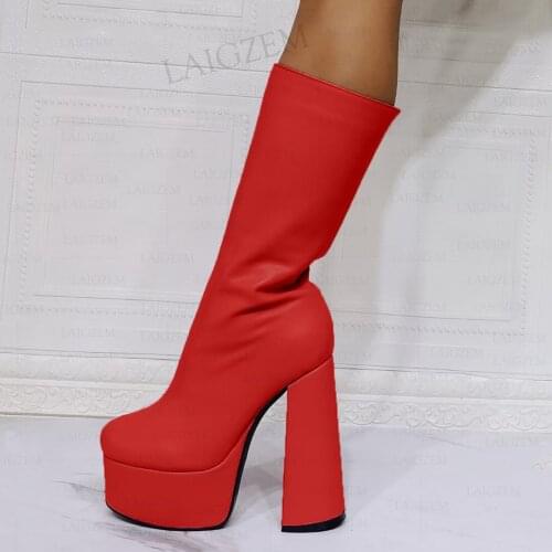 SEIIHEM SUPER Women Calf High Boots Side Full Zip Up Block Chunky High Heels Booties Handmade Shoes Woman Big Size 39 42 44 47