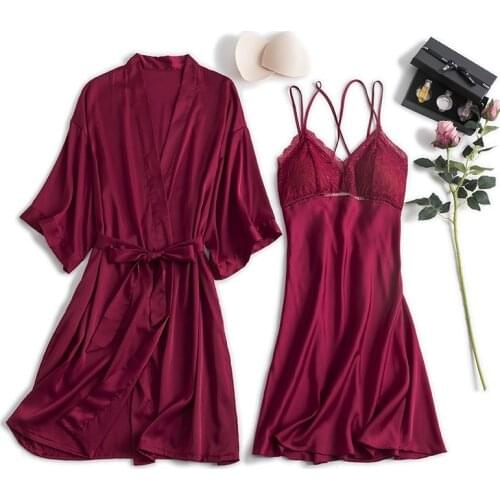 Women Faux Silk 2PCS Robe Set Lace Trim Kimono Bathrobe Gown Sexy V-Neck Lingerie Nightdress Spring Summer Casual Sleepwear