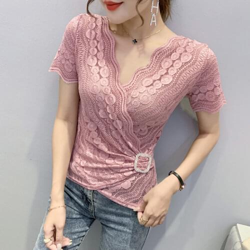 #6087 Summer Lace T Shirt Women Short Sleeves Sexy V Nexk Wrap T Shirt Female Slim Thin Womens Tee Shirts Vogue Korean Style