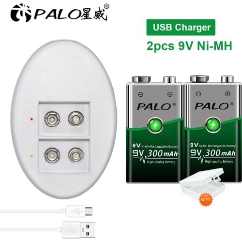 PALO 300mAh 9V Ni-MH battery rechargeable 9V battery 6f22+usb 9V battery charger for 9V nimh li-ion rechargeable battery