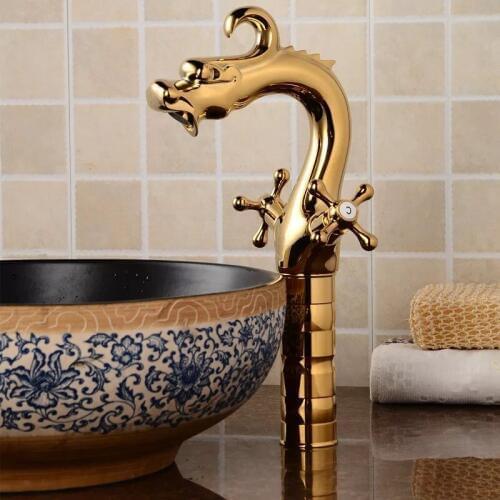 BAKALA Brand New Bathroom Vessel Sink Basin Tap Faucet China Dragon Mixer Single Lever Golden Cold And Hot Water Tap H-1600
