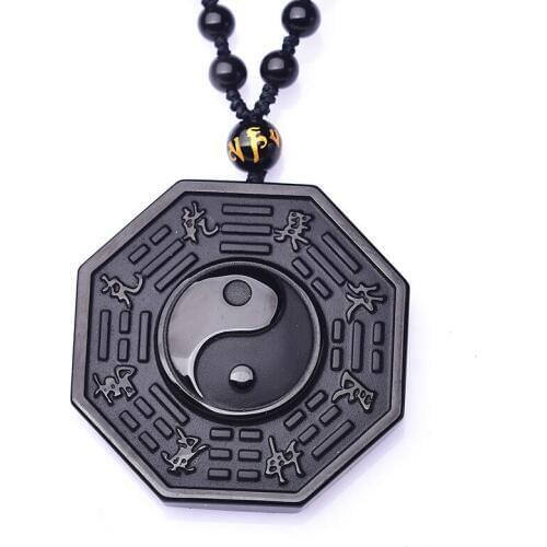 BOEYCJR Black Obsidian Yin Yang Gossip Necklace&Pendant Fashion Jewelry Chinese BAGUA Necklace For Men or Women