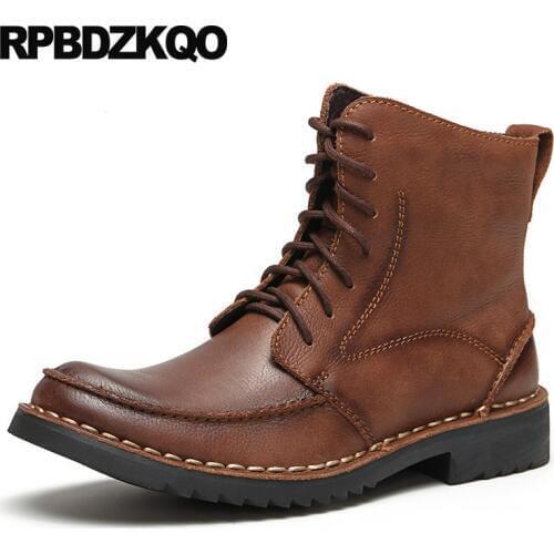 Ankle Shoes Retro Combat Boots Outdoor Army Brown Faux Fur British Style Zipper Men Military Lace Up Full Grain Leather High Top