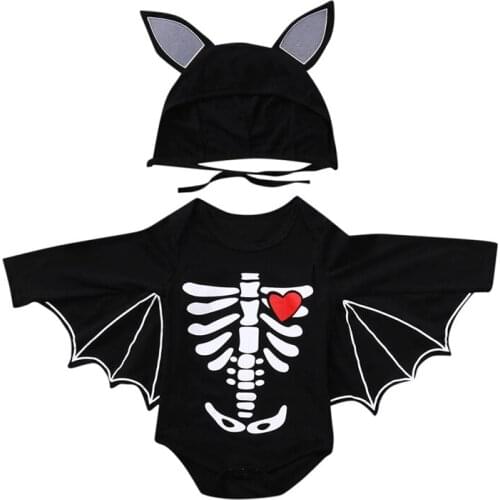 Newborn Baby Girls Boys Halloween Clothes Baby Romper Skull Print Bat Sleeve Jumpsuit+Hat Baby Clothing Outfits
