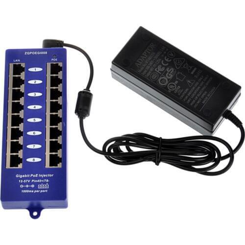 Gigabit 8 Port Passive PoE Power over Ethernet Injector for Ubiquiti, Mikrotik, with 48 volts, 1.25 amps, 60 watts power supply