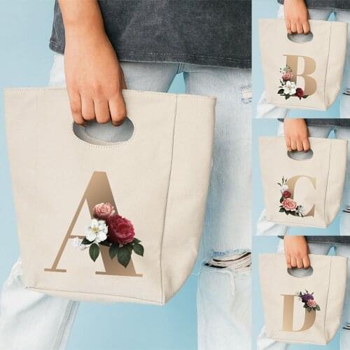 Gold Flower English A-Z Print Canvas Lunch Bag Food Storage Personalized Thermal Insulated Office Dinner Tote Bag High Capacity