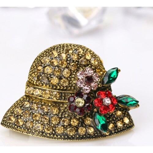 Vintage Fashion Antique Gold Color Rhinestone Hat Brooches For Women Wedding Corsage Accessories Pins High Quality