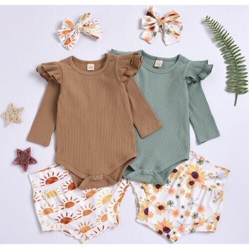 3 PCS Newborn Baby Girl Clothes Set Ruffles Long Sleeve Solid Color Romper+Print High Waist Short Pants and Hairband