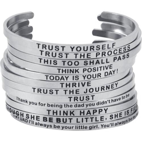 Hot 316L Stainless Steel Engraved Silver Positive Inspirational Quote Cuff Mantra Bracelet Bangle for Women