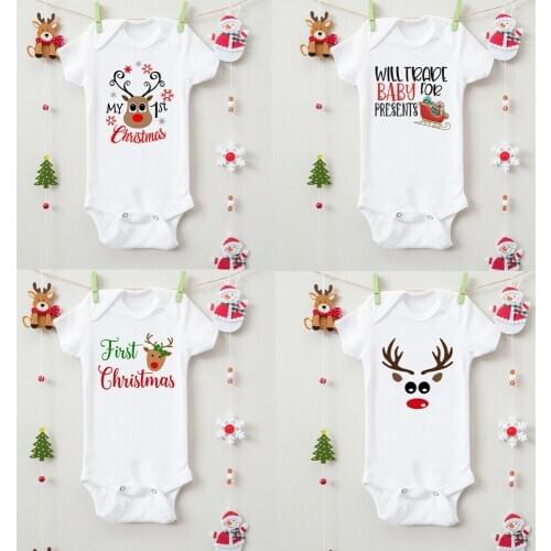 My First Christmas/ Will Trade Baby for Presents Onesie Baby Holiday Bodysuits Toddler Baby Jumpsuit Short Sleeve Ropa Drop Ship
