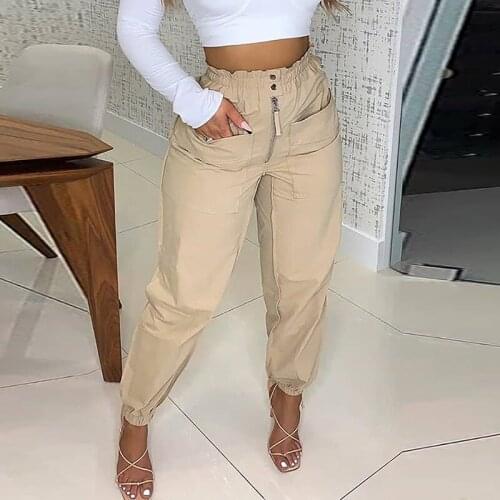 2021 New Fashion Elegant Women Long Pants Streetwear Casual Pockets Lace-Up Cargo Pants Spring Summer Solid Office Lady Trousers