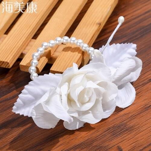 Haimeikang Adult Kids Irregular Faux White Rose Flower Headband Pearl Wrist Flower Girls Bridal Wedding Wreath Crown Headpiece