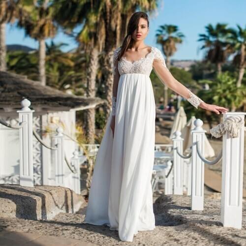 V-Neck Original Lace Empire Waist A-line Long Sleeves Wedding Dress Chiffon Beach Open Back Pregnant Bridal Dresses