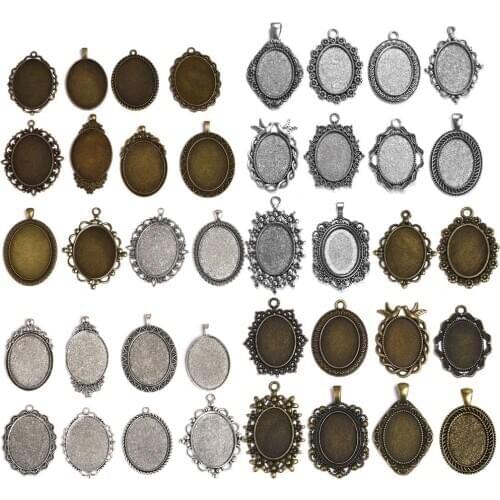 10pcs Oval Blank Base Settings Pendant Antique Bronze Glass Cabochon Bezel Trays Fit 25 30mm Jewelry Making DIY Findings
