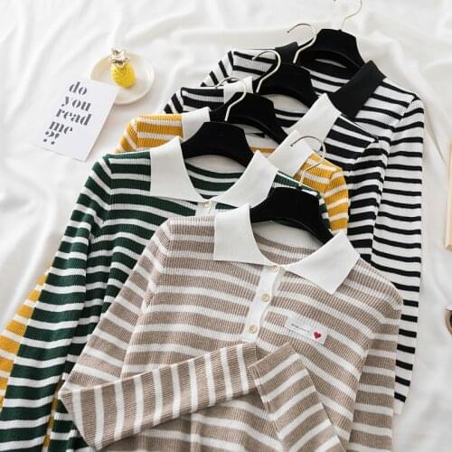 Turn-down Collar Pullovers Knitted Striped Buttons Sweater Lady Spring Autumn Winter Korea Style Women Fashion polo Tops