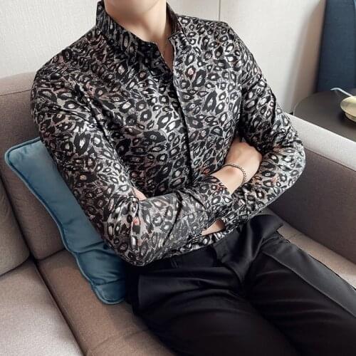 British Fashion Sexy Leopard Print Long Sleeve Shirt Men Clothing Simple Club/Prom/Streetwear Tuxedo Slim Fit Chemise Homme 4XL